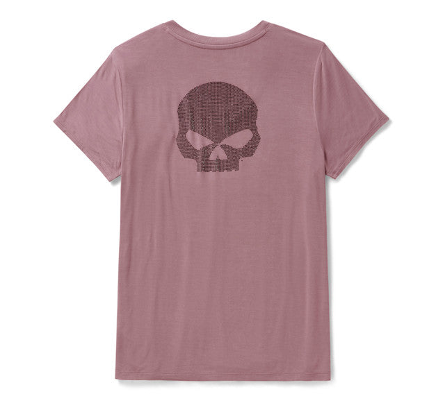 T-shirt à col en V Willie G Skull Bling pour femmes - Nostalgia Rose