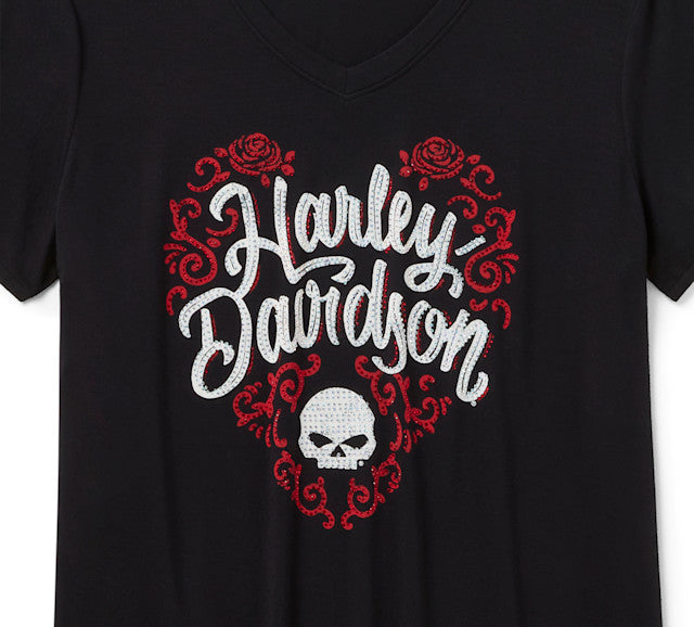 T-shirt Bling H-D Roses à manches courtes et col en V pour femmes