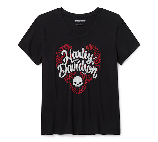 T-shirt Bling H-D Roses à manches courtes et col en V pour femmes