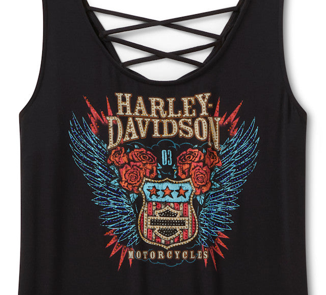 Débardeur Bling H-D Road Trip à lacets dans le dos pour femmes - Harley Black