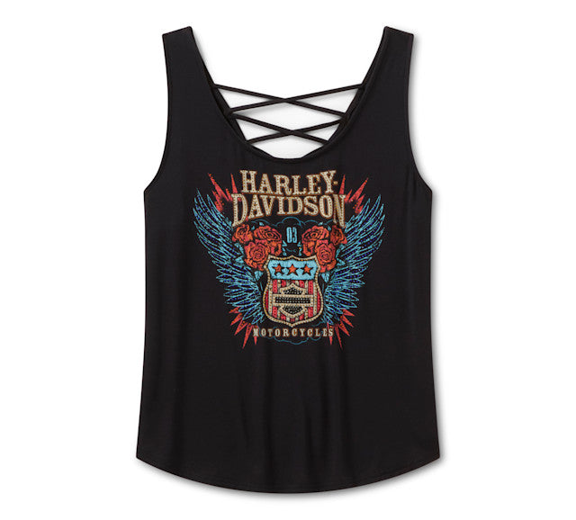 Débardeur Bling H-D Road Trip à lacets dans le dos pour femmes - Harley Black
