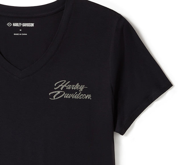 T-shirt Rose & Thorn Bling à col en V - Harley Black