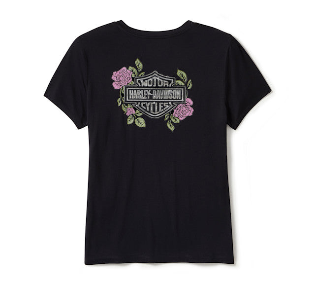 T-shirt Rose & Thorn Bling à col en V - Harley Black