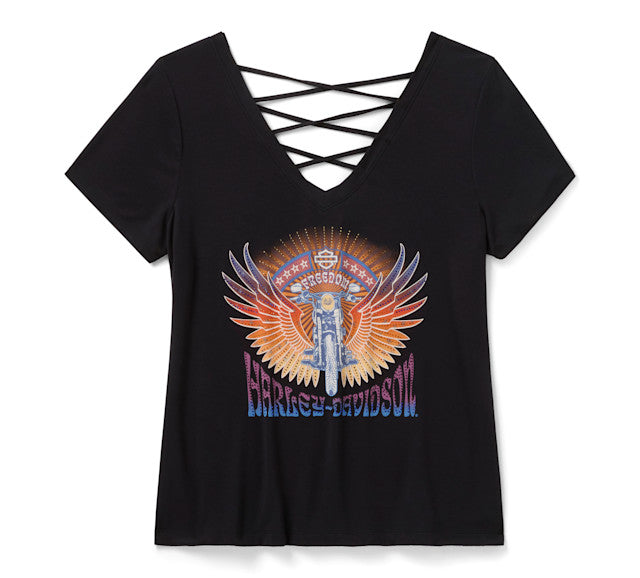 T-shirt à manches courtes Bling Sunset Ride à dos lacé - Harley Black