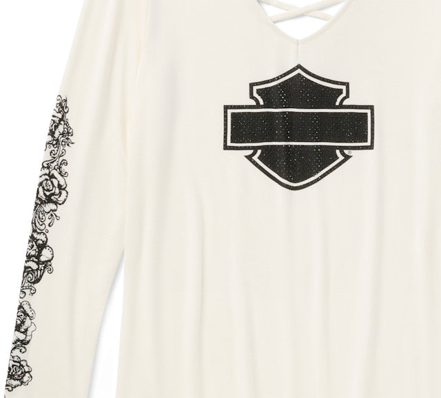 T-shirt à manches longues Bling Chrome & Roses à col en V et dos lacé - Cloud Dancer